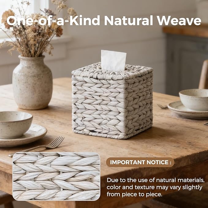 Tissue Box Cover, Square Wicker Tissue Box Holder Facial Tissues Boxes, Hand Woven Napkin Box Tissue Holder for Bathroom Bedroom Office Table Desk Night Stand, Boho Decorative, White