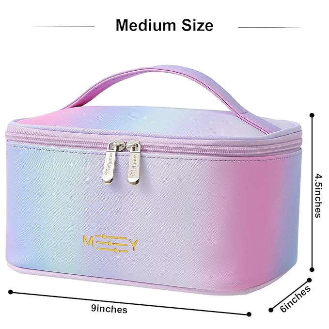 Gradient Travel Makeup Bag for Women, PU Leather Cosmetic Bag, Rainbow Pink