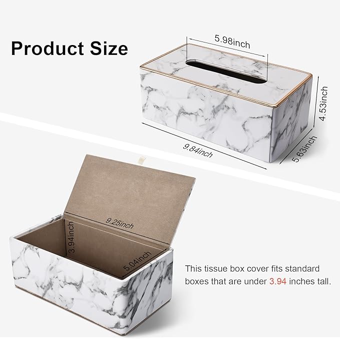 Tissue Box Cover Rectangular, PU Leather Tissue Box Holder for Kleenex, Napkin, Rectangle Tissue Box Covers, Tissue Holder for Bathroom Car Home Decorative 9.84"X5.23"X3.77" - Phnom Penh Marble