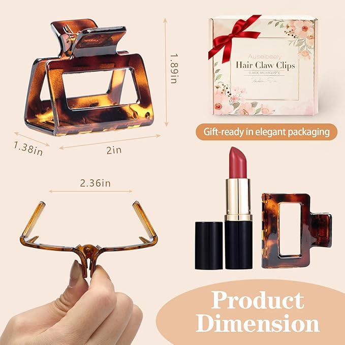 Auseibeely 6 Pcs 2 Inch Small Claw Clip for Women & Girls, Medium Tortoise Shell Square Hair Clips, Rectangle Non-Slip Tortoiseshell Jaw Clips for Half Up Half Down Thin Medium Short Hair