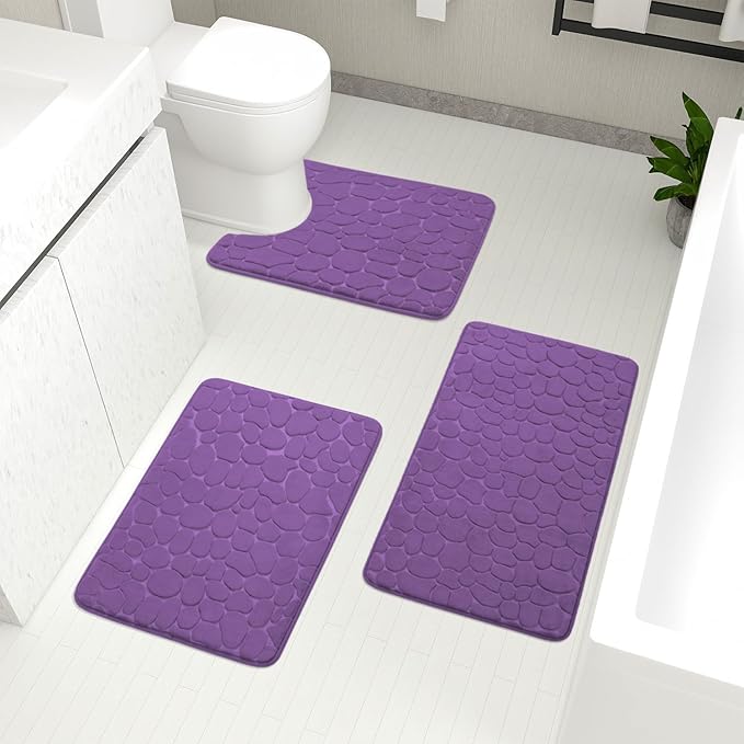 YIHOUSE Bathroom Rugs Mat Set, Memory Foam Bath Mat 3 Piece Purple