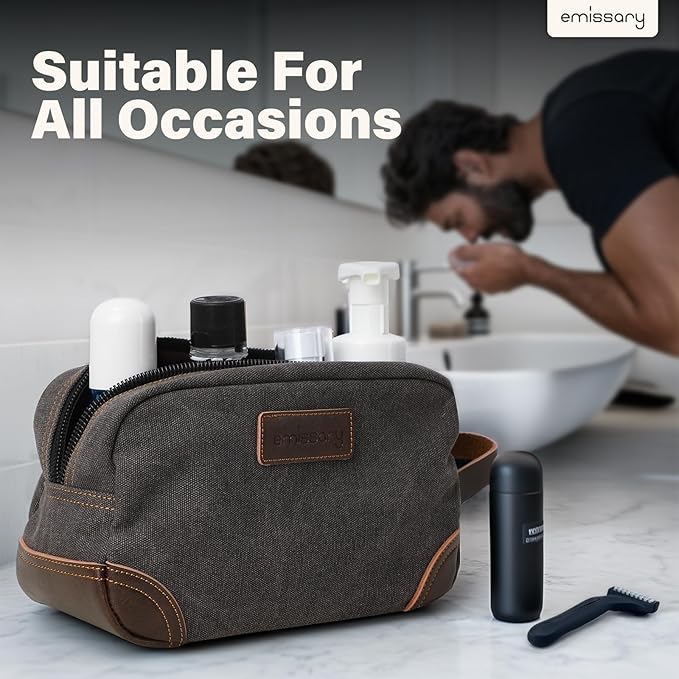 emissary Men's Canvas Travel Toiletry Bag, Leather Dopp Kit - Gray