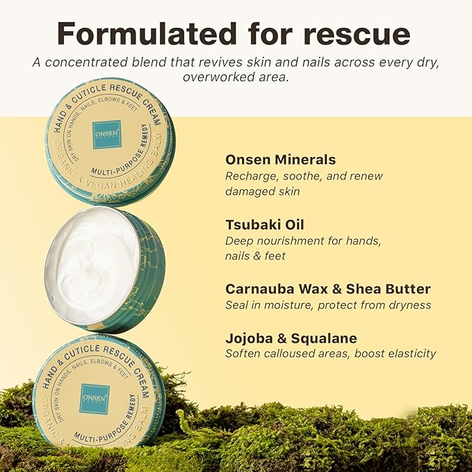 Onsen Hand & Cuticle Rescue Cream | Organic Nail Strengthener & Balm | Dry, Cracked Hands, Elbows & Feet | Shea Butter, Tsubaki & Jojoba Oil | Nail Repair & Growth, Vegan – 1 Pack (1.10 oz)