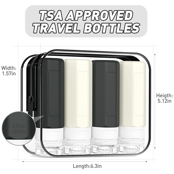 Redfly Travel Bottles for Toiletries, Tsa Approved 3oz Travel Size Containers, Leak Proof Travel Size Toiletries Bottles Silicone, BPA Free Refillable Shampoo Conditioners Essentials Kit, Black&White