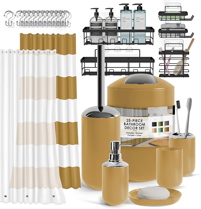 Clara Clark Bathroom Accessories Set - 23PC Shower Curtain Set with Bathroom Trash Can, Green Bathroom Set, Bathroom Sets with Shower Curtain and Green Rugs