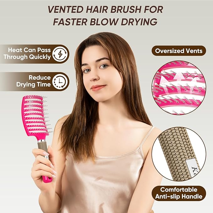 Kertiberif 2 Pack Curved Vented Detangling Brush for Wet & Dry Hair, Paddle Styling Brush for Faster Blow Drying, Detangler for Women, Men, Curly, Thick Hair