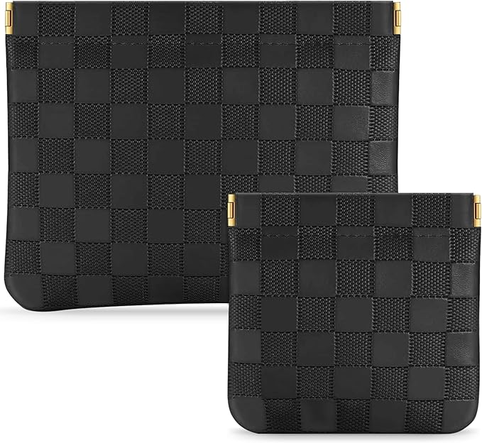 MXXUUOOM 2 Pack Small Makeup Bag for Purse Leather Cosmetic Pouch Organizer, Snap Closure Checkered Makeup Bag, Mini Lipstick Coin Pouch, Travel Makeup Organizer for Women(black)