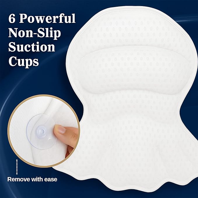 Luxury Bath Pillow for Tub – 4D Air Mesh Cushions with Non-Slip Suction Cups – Extra Soft Bathtub Headrest for Head, Neck & Back Support – Machine Washable Spa Bath Accessories Gift – White