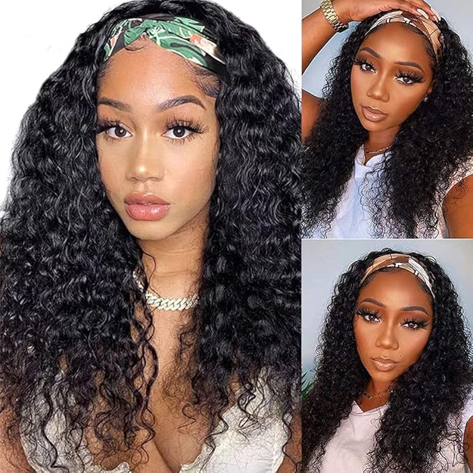 Aiterina Human Hair Wig - Deep Wave, 16 Inch, Headband, Curly, Machine Made, Non Lace Front for Women - Natural Color