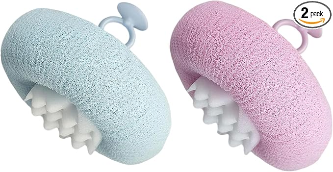2Pcs Bath Sponge Shower Loofah, Exfoliating Body Scrubber, Upgrade Large 2-in-1 Sunflower Bath Ball with Suction Cup Non-Slip Handle, Bath Sponges for Men Women(Blue&Purple)