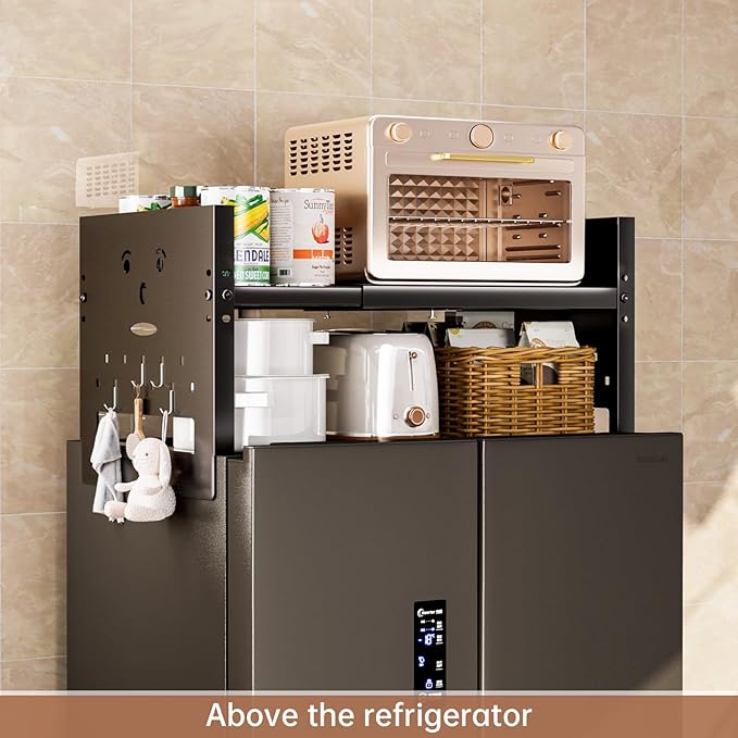 Adjustable Top Storage Shelf for Refrigerator or Washer, Dryer Countertop, Expandable Storage Shelves for Kitchen, Laundry Room and Dorm Room (Black)