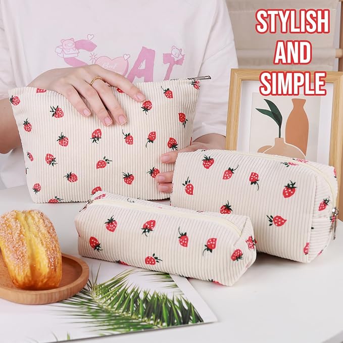 Gocvo 3 Pcs Makeup Bag Cosmetic Bag Set for Girls Women Travel Organizer Bathroom Toiletry Pouch Large Capacity Storage Bag (Strawberry Beige)
