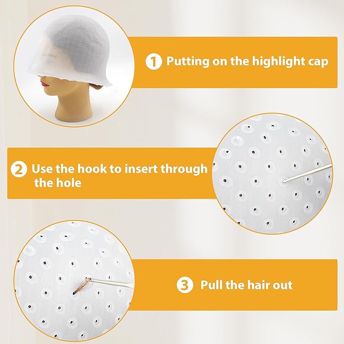 Silicone Highlighting Hair Cap, Reusable Highlight Hat with Hook, Hairdressing Dyeing Staining Tools Kit