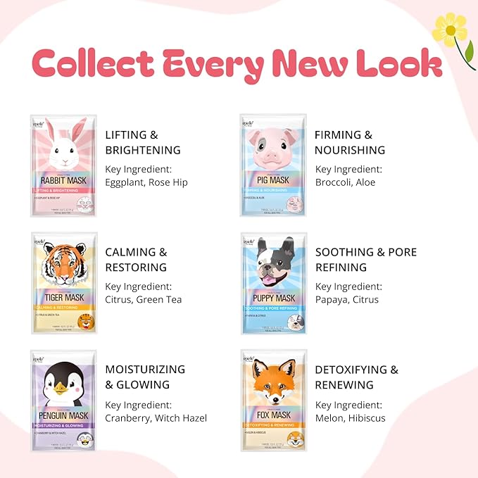 Epielle Character Face Mask Fuzzy Friends 12 Pack, Fun & Effective Korean Skin Care, Spa Party Favors, Birthday Gifts for Women, Self Care Gifts