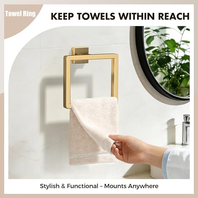 Bathroom Accessory Towel Bar Set: 20 Pieces Gold Bathroom Hardware Square SUS304 Stainless Steel - Wall Mounted Towel Rack&Toilet Paper Holder&Towel Ring and Towel Hook