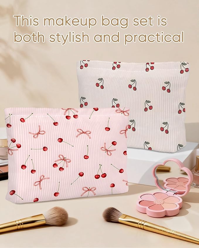 Ksriylm Cute Bow Cherries Makeup Pouch for Women Small Make Up Bag for Purse Zipper Initial Makeup Cosmetic Bags Pouches for Purse Aesthetic Travel Toiletry Bags,Red Pink Cherry