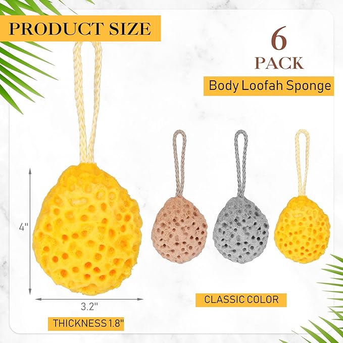 FoldTier 6 Pcs Bath Sponge Deep Cleansing Body Loofah Gentle and Deep Exfoliating Body Scrubber Bath Accessories Men Women Baby Sponge for Bathing Shower (Classic Color)