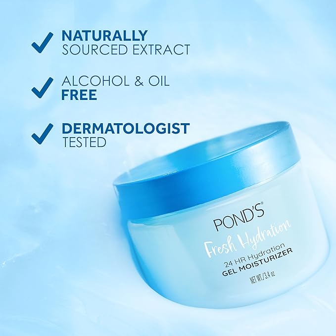 POND’S Fresh Hydration Gel Face Moisturizer, 24HR Hydration with Hyaluronic Acid, Vitamin E & B3 Niacinamide, Alcohol-Free, Oil-Free, Dermatologist Tested, 3.4 oz