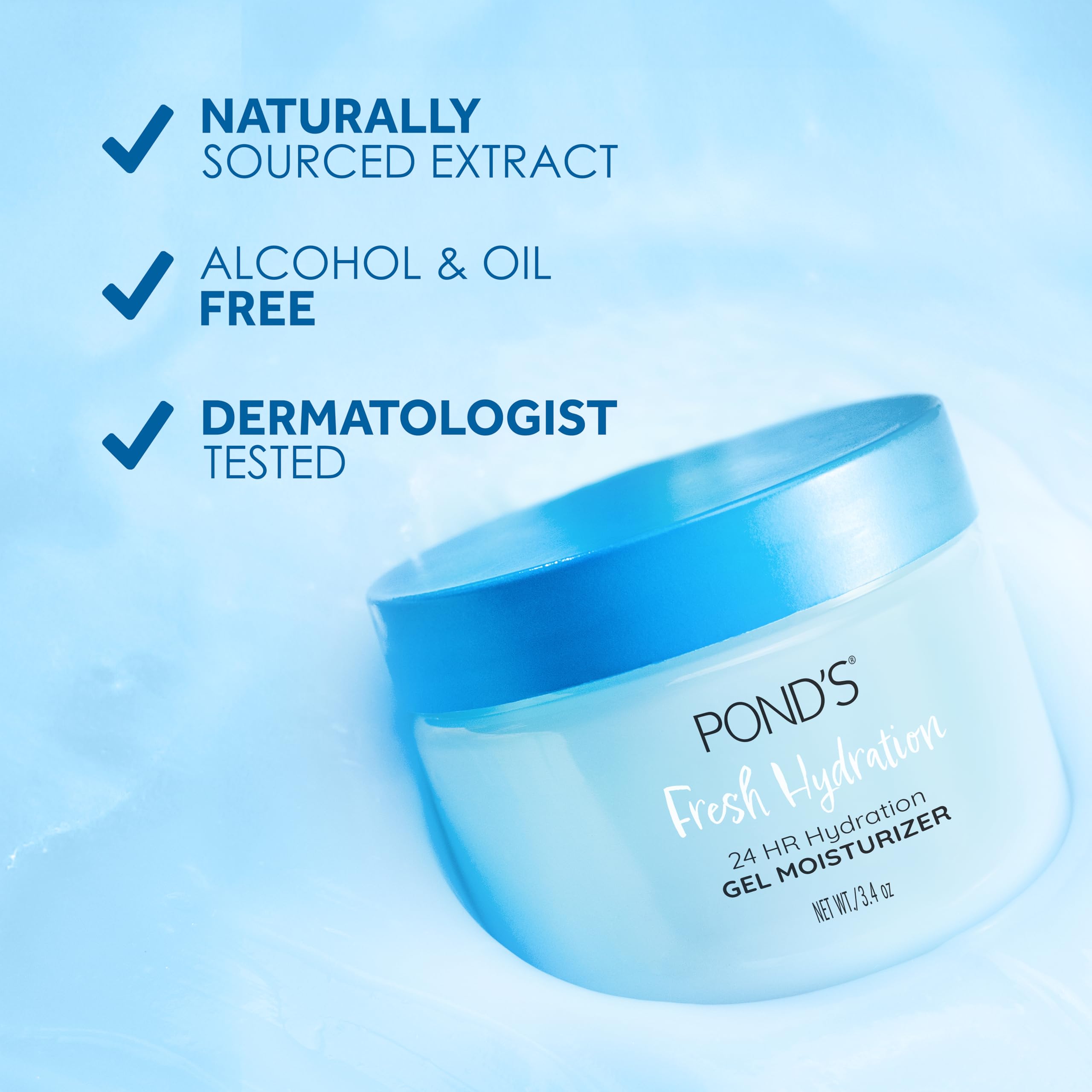 POND’S Fresh Hydration Gel Face Moisturizer, 24HR Hydration with Hyaluronic Acid, Vitamin E & B3 Niacinamide, Alcohol-Free, Oil-Free, Dermatologist Tested, 3.4 oz