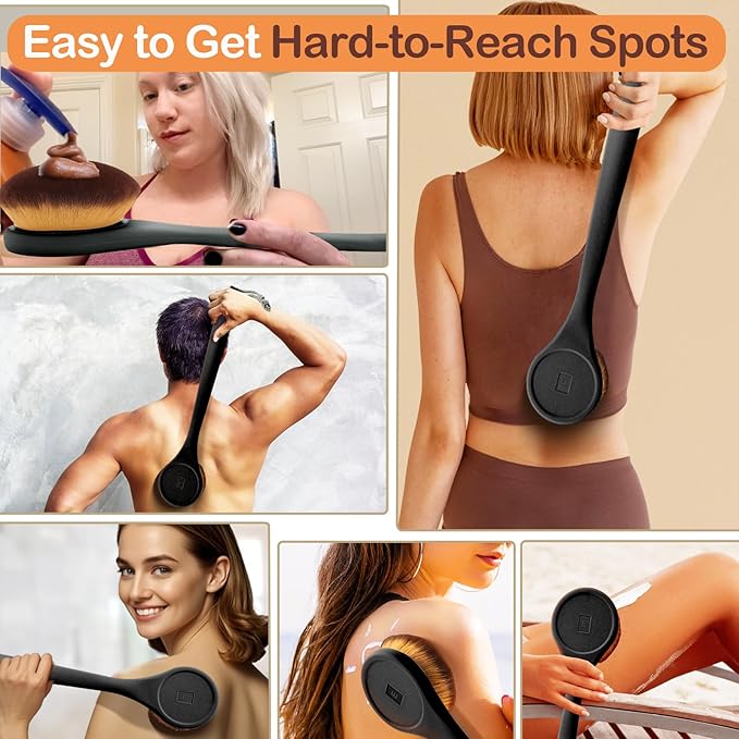 Lotion Applicator For Back, Feet, Long Handle Curved, Back Sunscreen Applicator for Kids, Women, Ultra Soft Bristles for Ultimate Comfy, Apply Cream Moisturizer, Self Tanner, Black
