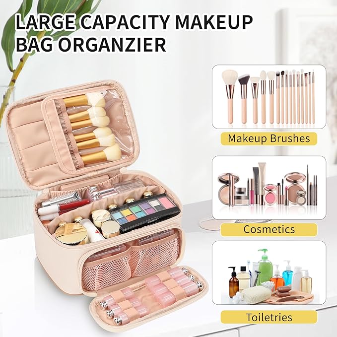 OCHEAL Makeup Bag, Multifunctional Large Cosmetic Organizer Toiletry Brushes Storage Case for Women Girls with Handle Divider - Beige