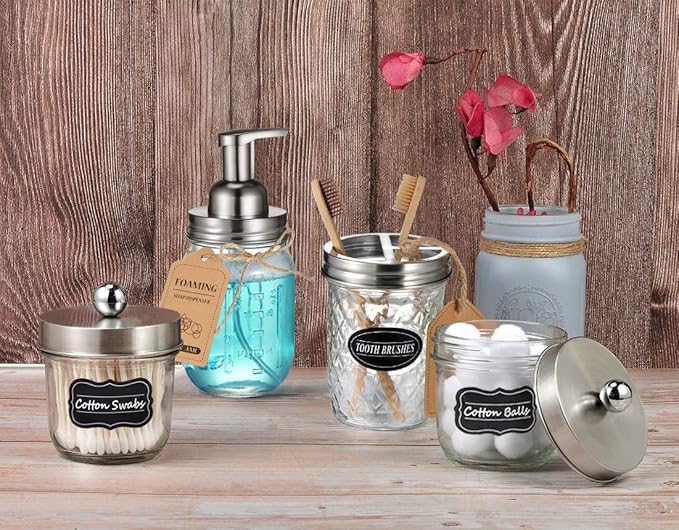Amolliar Mason Jar Foaming Soap Dispenser, Plastic Soap Pump, Refillable Hand Soap Dispenser for Kitchen, Cute Farmhouse Decor, Dish Soap, Shampoo, Bathroom Soap Accessories, Brushed Nickel 2 Pack