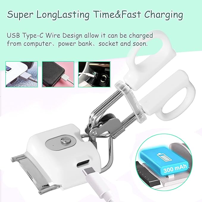 Heated Eyelash Curlers, Metal Version Heated Lash Curler 3 Heating Modes Rechargeable Electric Eyelash Curlers for Quick Natural Curling &Long Lasting(White)