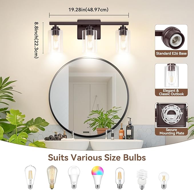 VerRon 19" Brown Modern Vanity Lights Over Mirror with Clear Glass Shades