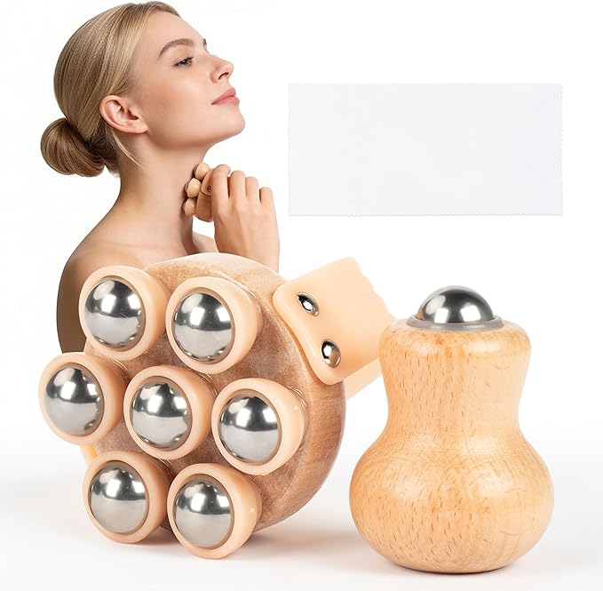 CJZMBSTY 2 Pack Wooden Handheld Lymphatic Massager with Multi Ball and Finger Ball Rollers, Featuring Smooth 304 Stainless Steel Balls for Body Contouring, Cellulite, Circulation and Muscle Relief