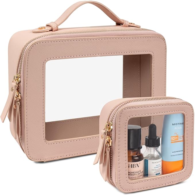 LETGO 2 Pack Clear Travel Toiletry Bag for Women, Large & Mini Waterproof PU TSA Approved Cosmetic Pouches,Portable Beach Vacation Makeup Organizer Set,See Through Skincare Sunscreen Bags for Women