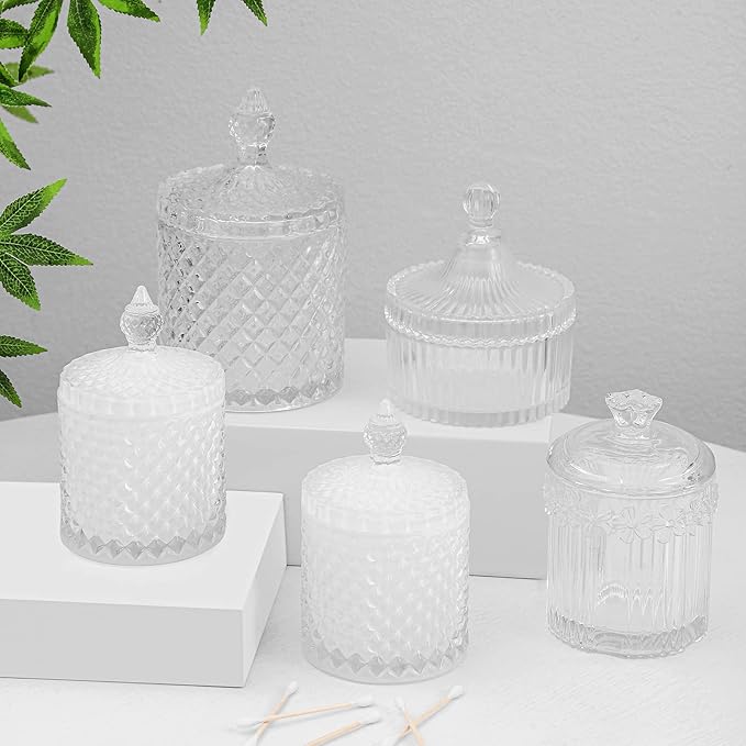 2 Pack Qtip Holder Apothecary Jars with Lid, Thick Glass, White