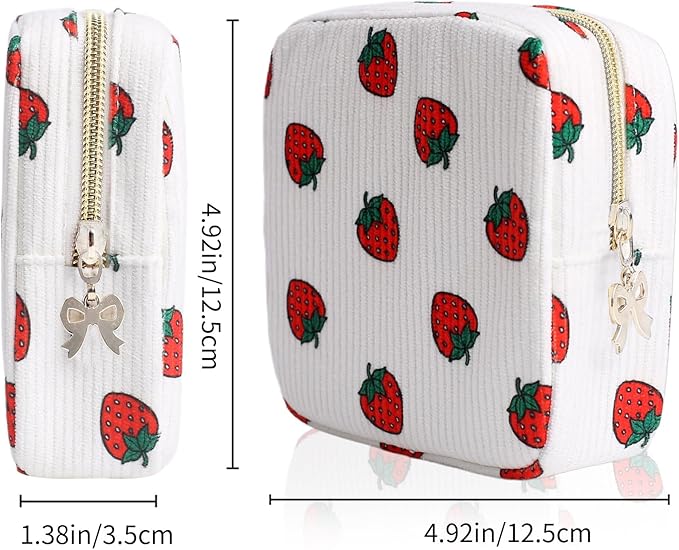 Teircno Period Bag for Women, Portable Corduroy Sanitary Napkin Storage Bag Strawberry Period Pouch with Zipper, Sanitary Pads Bag Tampons Holder for Purse, First Period