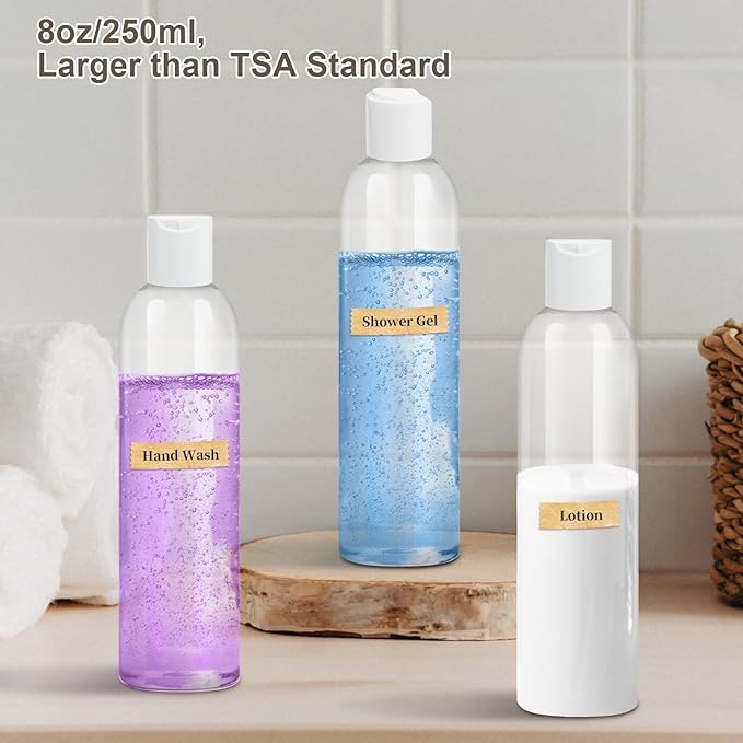 ZLEVEAYN 30 Pack 8 oz Clear Plastic Bottles with White Disc Caps Refillable Empty Squeeze Containers Cosmetic Bottles for Toiletries Conditioner Shampoo Lotions Gels