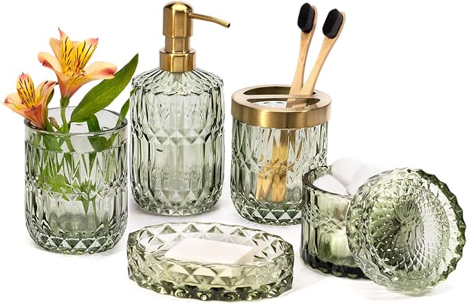 EMPO 6PCS Bathroom Clear Glass Accessories Set (Lotion Soap Dispenser, Soap Dish, Toothbrush Holder, Tumbler, Cotton Swab Jar), Contemporary Modern Decor Crystal Vintage Gift (6pcs Ocean Teal Blue)