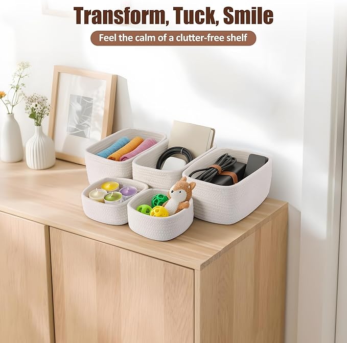 VIRETH HAUS 5-Pack Small Woven Rope Storage Baskets – 2 Sizes Organizer Bins for Closet, Shelf, Bookshelf, Nursery, Changing Table, Fabric Cube Boxes, Rectangular Shallow Bins for Bathroom, Toy & Home