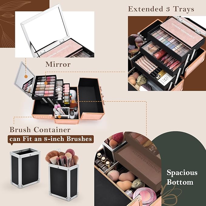 FRENESSA Makeup Case 11.8 Inch Makeup Organizer Case Large Cosmetic Box with Mirror Portable 3 Trays Travel Storage Box for Make Up Nail Tech Kits Cosmetology Case 3D Rose Gold Floral