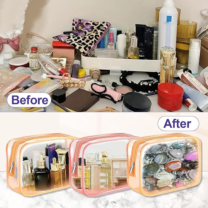 CarryEpic Clear Makeup Bag (4 Packs), Small TSA Approved Toiletry Bags for Traveling Small Size Cosmetic Storage Pouches for Women Organizer with Zipper Pink Orange Green Blue