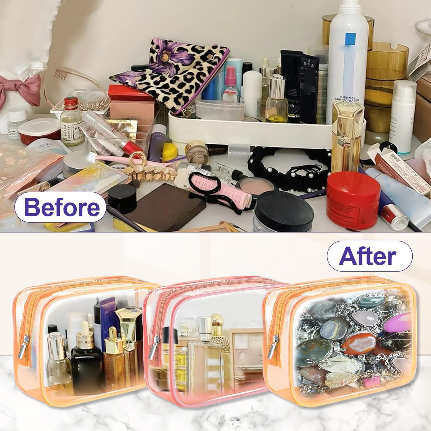 CarryEpic Clear Makeup Bag (4 Packs), Small TSA Approved Toiletry Bags for Traveling Small Size Cosmetic Storage Pouches for Women Organizer with Zipper Pink Orange Green Blue