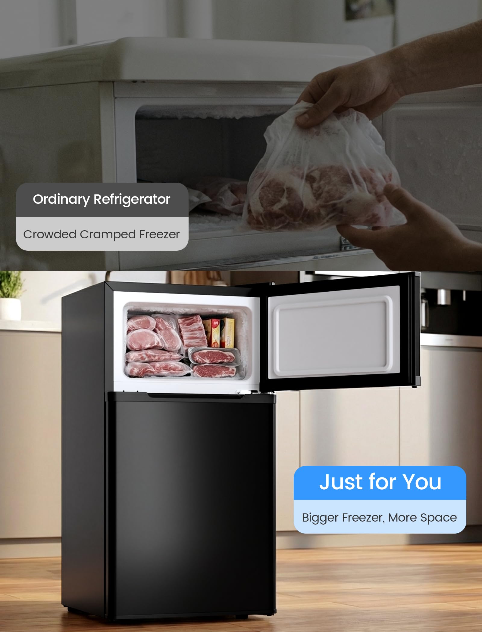 COWSAR 2.5 Cu.Ft Mini Fridge with Freezer, Double Reversible Door Compact Dorm Refrigerator with 2 Removable Shelves, Commercial Apartment Fridge for Bedroom, Office, Kitchen, Dorm, Black