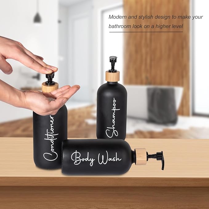 Glass Shampoo and Conditioner Pump Bottles Soap Dispenser Bamboo Pump Head Empty Glass Refillable Shampoo Conditioner Body Wash Soap Bottles for Bathroom, 17 oz, 3 Pack, Black
