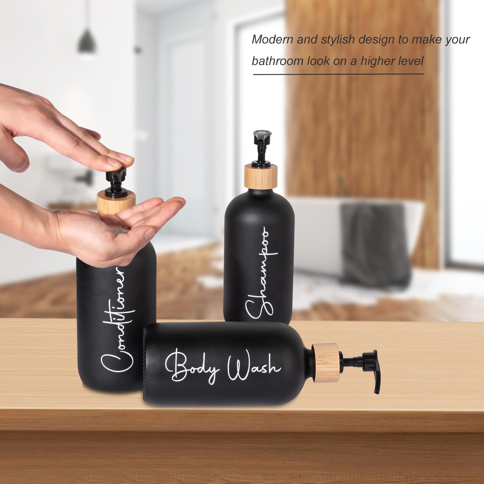 Glass Shampoo and Conditioner Pump Bottles Soap Dispenser Bamboo Pump Head Empty Glass Refillable Shampoo Conditioner Body Wash Soap Bottles for Bathroom, 17 oz, 3 Pack, Black