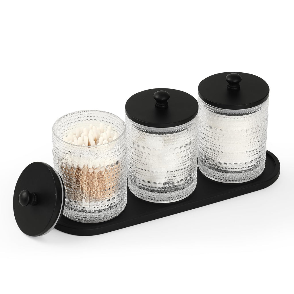 eggs sound 3 Pack Qtip Holder - Bathroom Organizers and Storage, Cotton Round Holder Floss Pick Holder Cotton Ball Holder with Tray, Glass Apothecary Jars with Lids, Cotton Pad Holder Set -clear b D
