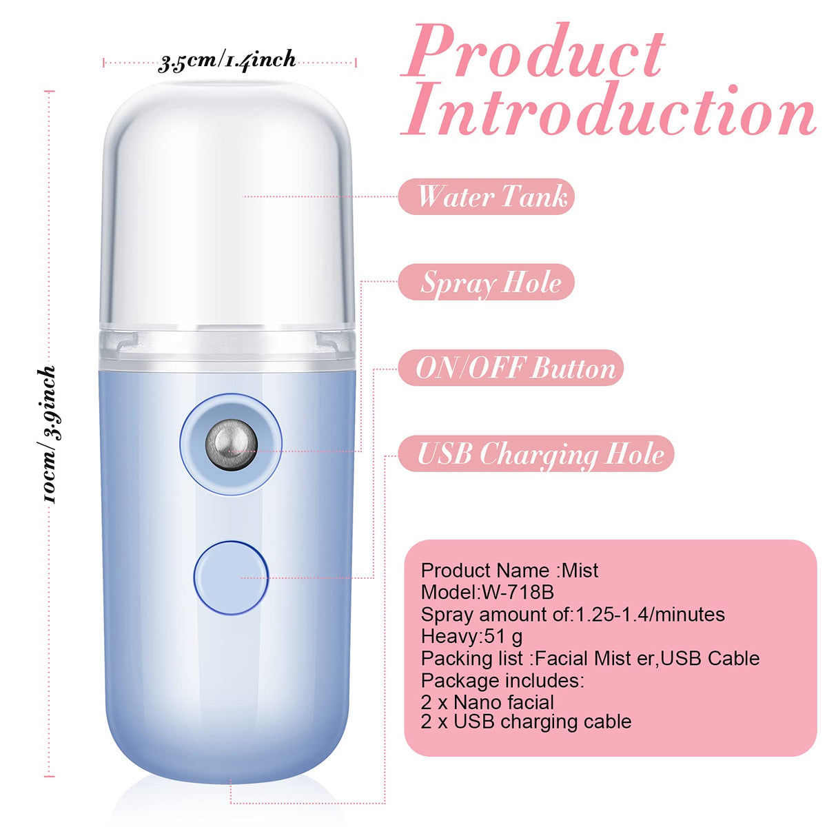 Honoson 2 Pack Nano Facial Mister Portable Sprayer(Black and Blue)