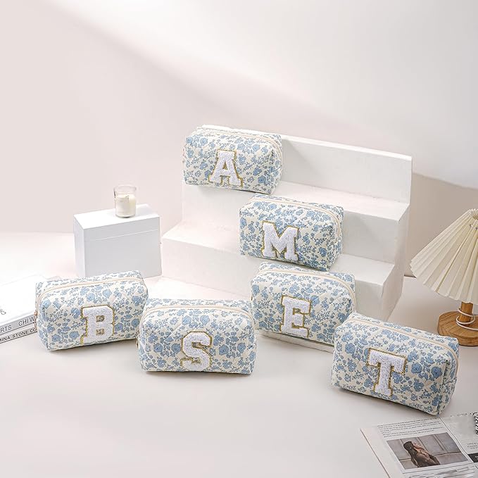 JOVAKIT Alphabet Makeup Bag Cosmetic Bag for Women, Christmas Gifts for Girls Age 6-18, Floral Flowers Coquette Travel Toiletry Zipper Make Up Pouch Organizer Trendy Stuff (Blue Floral M)