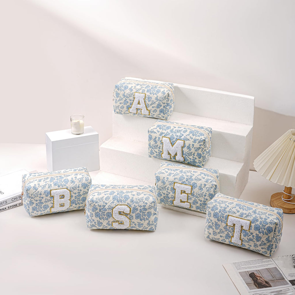 JOVAKIT Alphabet Makeup Bag Cosmetic Bag for Women, Christmas Gifts for Girls Age 6-18, Floral Flowers Coquette Travel Toiletry Zipper Make Up Pouch Organizer Trendy Stuff (Blue Floral R)