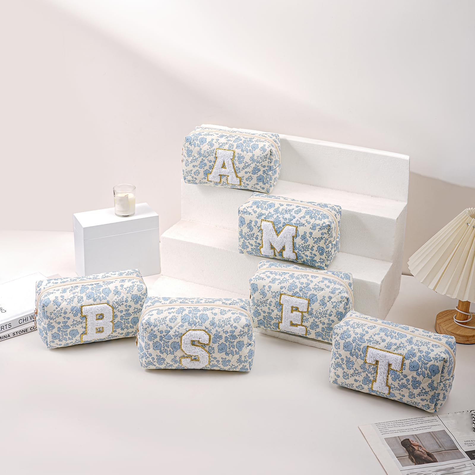 JOVAKIT Alphabet Makeup Bag Cosmetic Bag for Women, Christmas Gifts for Girls Age 6-18, Floral Flowers Coquette Travel Toiletry Zipper Make Up Pouch Organizer Trendy Stuff (Blue Floral R)