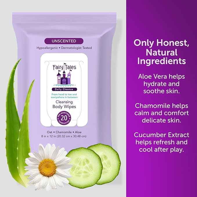 Fairy Tales Daily Cleanse XL Wipes for Kids – Extra Large Body Wipes, Gentle Disposable Washcloths, Unscented, Alcohol Free Cleansing Cloths - 20ct
