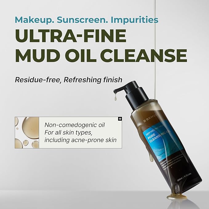 BRMUD Deep Melting Mud Pore Cleansing Oil - Gentle Facial Oil Cleanser for Make Up, Excess Sebum & Impurities with Boryeong Mud & Sunflower Seed - Vegan & Non-Comedogenic Korean Skin Care 6.76 fl oz