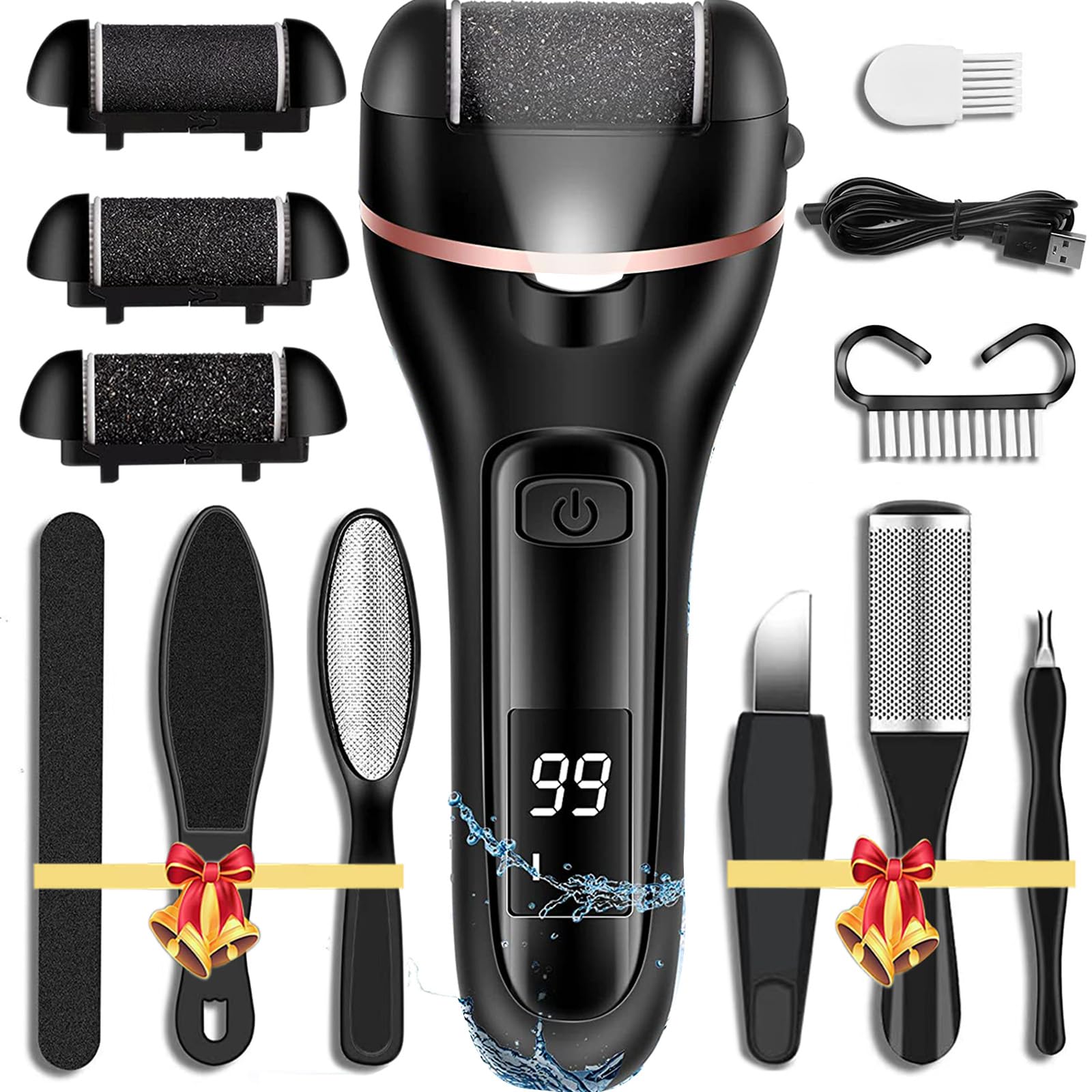 Callus Remover for Feet Electric Foot File, 13-in-1 Professional Pedicure Tools Foot Care Kit, Foot Scrubber Pedi for Hard Cracked Dry Dead Skin, 3 Rollers, 2 Speed, Battery Display (Black2)