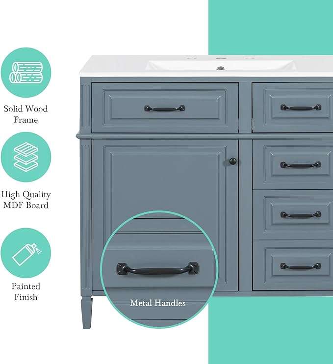 Harper & Bright Designs 36" Bathroom Vanity with Sink, Free Standing Vanity Set with 4 Drawers, Storage Racks, and Adjustable Shelf, Wood Bathroom Cabinet with Ceramic Basin for Bathroom, Blue Grey